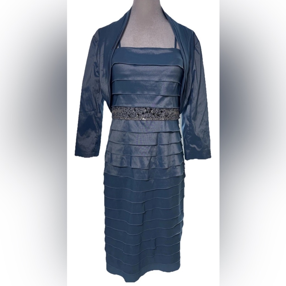 Adrianna Papell Blue Tiered Satin Dress & Jacket Set Beaded Waist Size 10